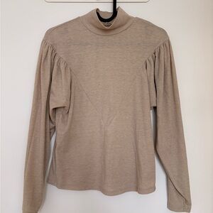 Mango Taupe Mock Neck Long Sleeve Top with Gathered Shoulders